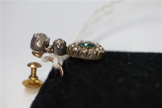 A pair of 19th century, yellow and white metal, emerald and diamond drop earrings, 17mm.